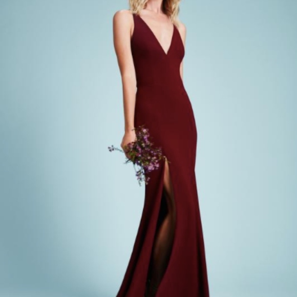 DRESS THE POPULATION Burgundy Iris High Slit Gown - Picture 3 of 8